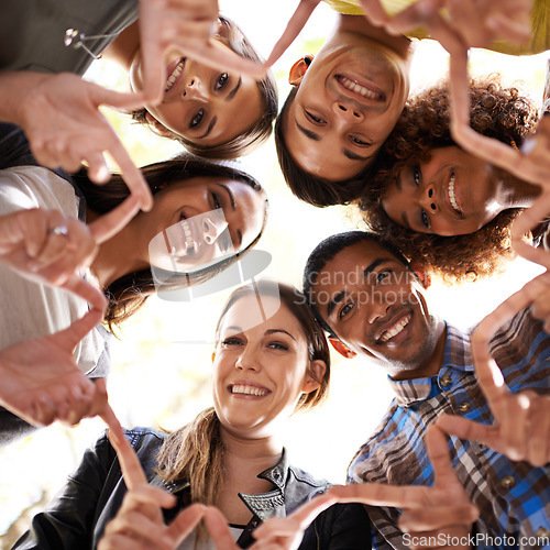 Image of Finger star, circle and portrait of friends with diversity, unity and collaboration with a low angle. Teamwork, smile and group of multiracial people in huddle together for solidarity and community.