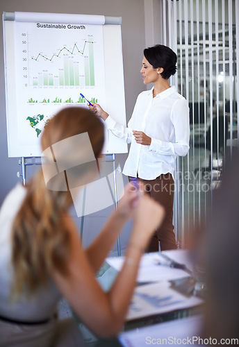 Image of Business woman, speaker and meeting of a corporate management team with financial chart. Speaking, female manager and collaboration of staff working in a conference room with data strategy and report