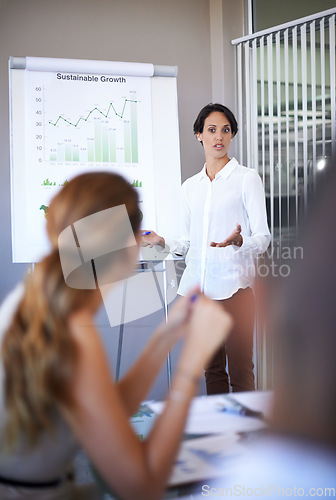 Image of Business woman, presentation talking and training of a corporate management team with financial chart. Speaking, female worker and collaboration of staff working in a conference room with data