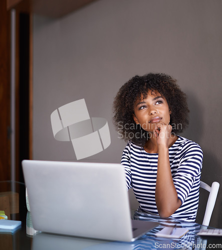 Image of Laptop, thinking and woman with ideas for online learning, university choice or education vision in remote opportunity. Young african person or creative student for inspiration or decision on college