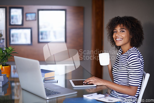 Image of Laptop, tablet and portrait of woman with coffee for work from home opportunity, freelancer career and happy job. Face of young African person on multimedia or digital project and tea for inspiration