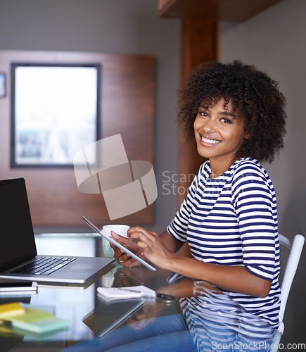 Image of Technology, tablet and portrait of woman in work from home opportunity, multimedia freelancer career and happy job. Face of young African person on digital software for project planning and research
