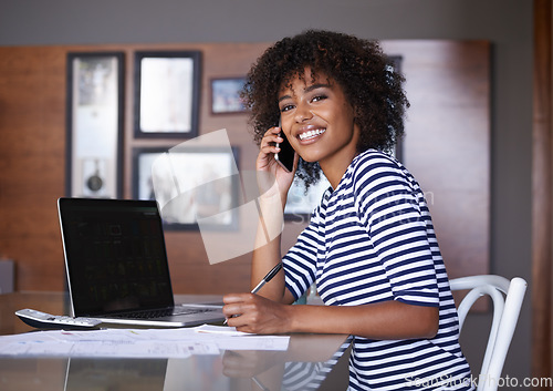 Image of Laptop, phone call and woman in portrait of work from home communication, finance advice and productivity at desk. African person talking on cellphone for loan, taxes and writing with computer screen