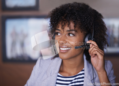 Image of Call center, thinking and happy woman with online communication, virtual support and solution for client. Professional agent, consultant or african business person with telecom ideas, vision and help