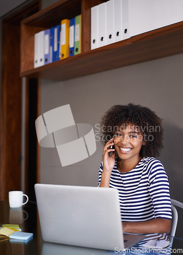 Image of Laptop, portrait and woman on phone call for office networking, virtual planning and productivity. Happy, young african person, worker or employee with cellphone communication and working on computer