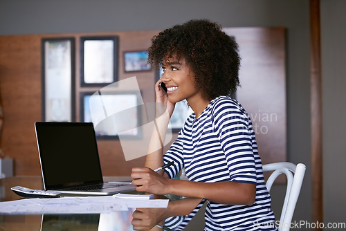 Image of Phone call, budget and woman with work from home communication, financial writing and planning on laptop. African person talking on cellphone for loan, taxes and bank information with computer screen