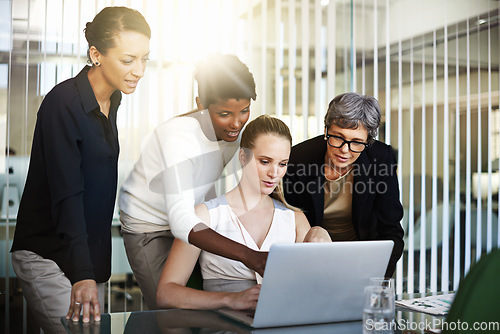 Image of Teamwork, employees and women with a laptop, conversation and planning for new project. Female professional, workers and ladies brainstorming, technology or data analysis for profit growth or startup