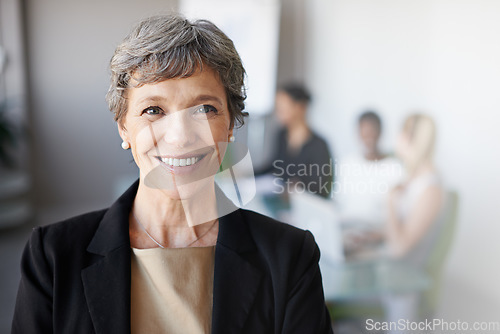 Image of Portrait, corporate and mature woman with happiness, meeting and management with skills, confident and a smile at the workplace. Face, happy female person or manager with joy, success or professional