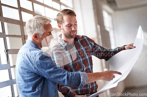 Image of Employees, talking and men with a blueprint, contract and planning for a new project, discussion and architecture. Male engineer, mature client and coworkers with ideas, pointing and brainstorming