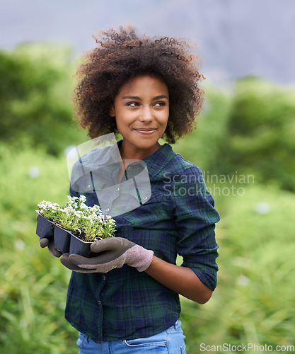 Image of Black woman in garden, smile while gardening with flowers and botany, young gardener outdoor and environment. Happy female person with green fingers, growth and plants in nature with landscaping