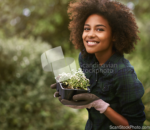 Image of Black woman in garden, plant and smile in portrait, botany mockup and environment with young gardener and flowers. Happy female person is outdoor with green fingers, growth and plants with gardening