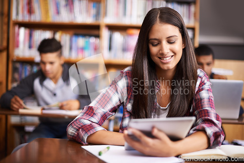 Image of University, tablet and woman in library happy for online research, studying and learning. Education, academy and female student on digital technology for knowledge, internet and website course