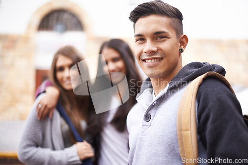 Image of Education, university and portrait of man on campus ready for studying, education and learning together. Diversity, scholarship and happy male and women students smile for school, academy and college