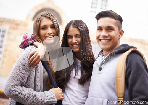 Image of University, campus and portrait of man and women ready for studying, education and learning together. Diversity, friendship and happy students hug and smile for school, academy and community college