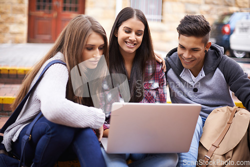 Image of Students with laptop on campus steps, research and online education in college with diversity. Learning, studying and happy friends at university with smile, internet project and future opportunity.