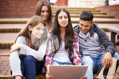 Image of Students, internet results and laptop on campus steps, happiness and online education in college with diversity. Learning, studying and friends at university, team feedback on group project research.