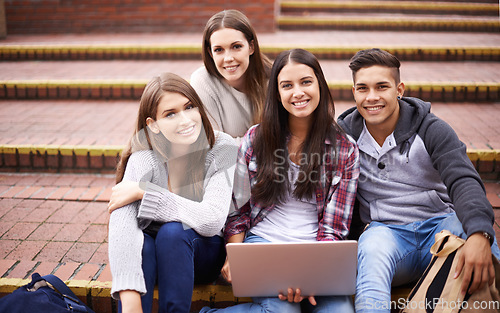 Image of University, education and portrait of students with laptop for group project, studying and online learning. Diversity, friends and man and women on computer for knowledge, school and college research