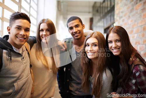 Image of University, happy and portrait of people on campus ready for studying, education and learning together. Diversity, scholarship and happy men and women students smile for school, academy and college