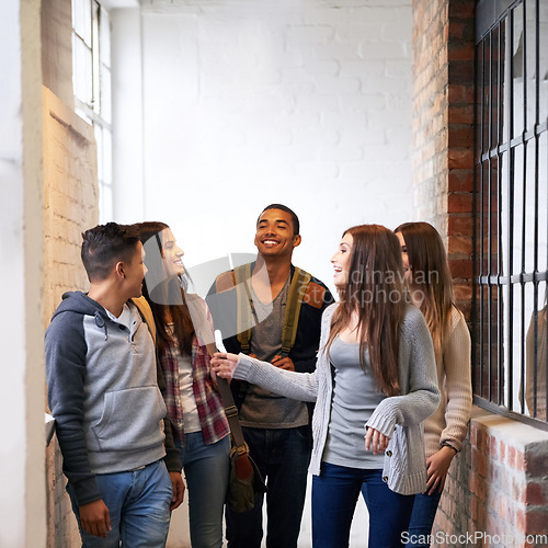 Image of Friends laugh, university hallway and people talking with happiness and discussion together. Teenager, college and school communication of young and gen z students on campus for education and class