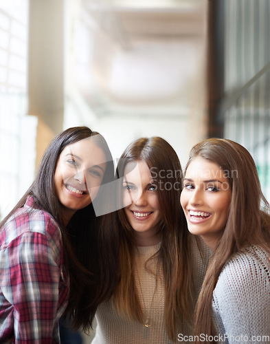 Image of University, friends and portrait of women smile on campus ready to study, friendship and learning together. Education, scholarship and happy female students excited for school, academy and college