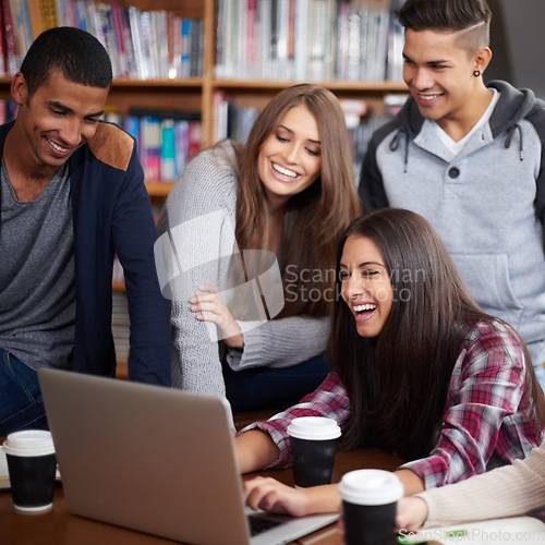 Image of Education, happy and people in library on laptop for social media, online learning and meme. University, diversity and happy men and women students on computer for knowledge, internet and website