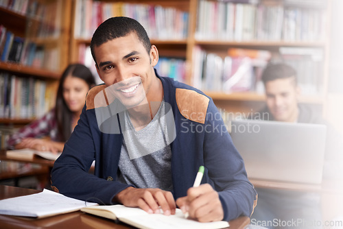 Image of Study, writing and library with portrait of man for education, research and classroom quiz. Smile, learning and notebook with male student on university campus for knowledge, scholarship and project