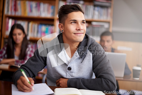 Image of Study, thinking and notebook with man in library for education, research and classroom quiz. Focus, learning and school with male student on university campus for knowledge, scholarship and project