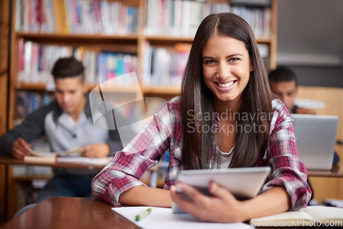 Image of University, tablet and portrait of woman in class for online research, studying and learning. Education, school and library for happy female student on digital tech for knowledge, internet or website