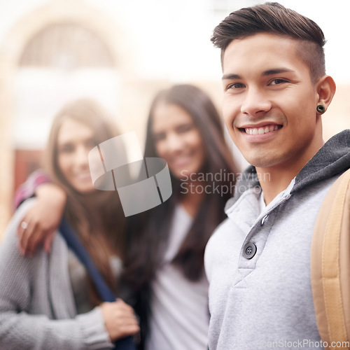 Image of Education, university and portrait of man with smile ready for studying, education and learning together. Friends, scholarship and happy male and women students smile for school, academy and college