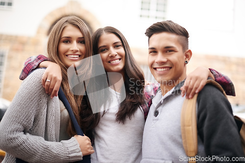 Image of Education, happy and portrait of people at university ready for studying, community and learning together. Diversity, scholarship and men and women students smile for school, academy and college