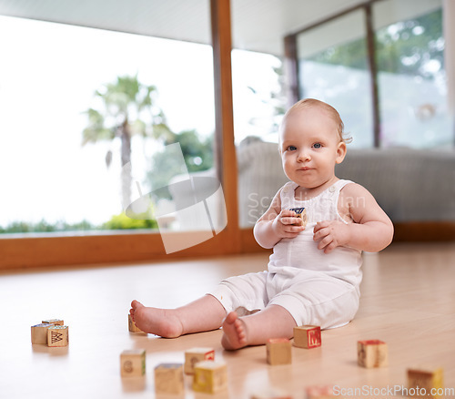 Image of Portrait, baby and building blocks toy on a floor for fun, learning and playing in his home. Face, child and little boy with creative, alphabet and puzzle game in a living room, curious and sweet