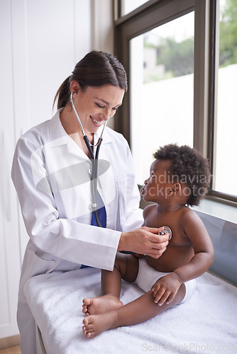 Image of Stethoscope, exam and baby with woman doctor at hospital for heart, lung or chest checkup. Medical, consultation and lady pediatrician for toddler healthcare or child development, health or heartbeat