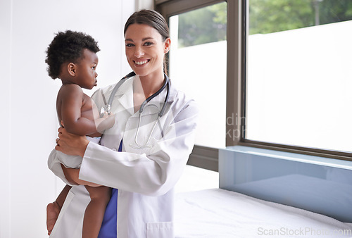 Image of Healthcare, portrait and baby with woman doctor at hospital for heart, lungs and chest exam. Medical, consultation and lady pediatrician with stethoscope for toddler development, health and heartbeat