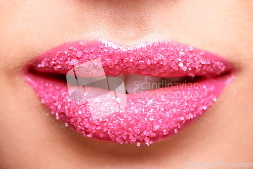 Image of Woman lips, pink and lipstick with sugar scrub closeup, makeup and beauty with exfoliation sparkle. Bright aesthetic, female model and mouth cosmetics product, cosmetology with cosmetic lip exfoliate