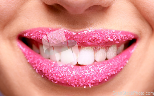 Image of Happy woman lips, pink lipstick and sugar scrub closeup, makeup and beauty with exfoliation and sparkle. Bright aesthetic, female model mouth and cosmetics product, cosmetology with cosmetic lip care