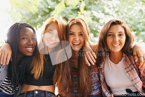Image of Girl friends, happy hug and portrait outdoor with diversity in group on holiday summer camp. Female student, sunshine and happiness face of young gen z and teen people together on vacation break