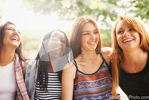 Image of Girl friends, group and laugh outdoor with diversity in summer on holiday with travel. Female student, sunshine and happiness face of young gen z and teen people together on vacation feeling happy