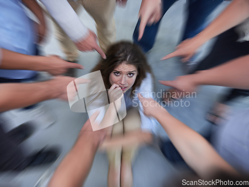 Image of Fear, pointing blame and woman guilt with social anxiety and worker with teasing and failure. Above, female person and circle with fingers point to scared employee with stress and peer pressure