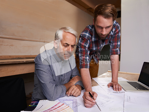 Image of Architecture, teamwork and men with blueprint in workshop for building construction. Senior engineer, father and son working on design, project and planning of apprentice and mentor with paperwork.