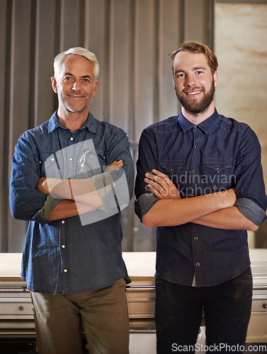 Image of Family, happy portrait and arms crossed of father and son woodwork team with a smile. Entrepreneur, male generation and carpentry workers with pride and success from small business and confidence