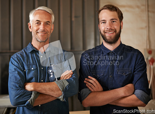 Image of Carpenter, happy portrait and arms crossed of architecture team with a smile from startup. Entrepreneur, partnership and architect workers together with pride and success from small business