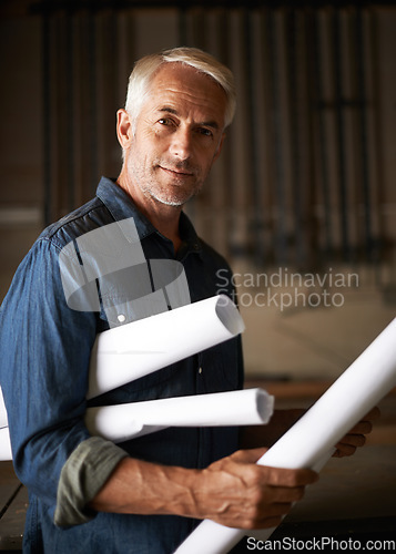 Image of Senior architect, blueprint and man in portrait with renovation or remodeling project with floor plan design. Architecture industry, engineer and male professional designer with vision and mission