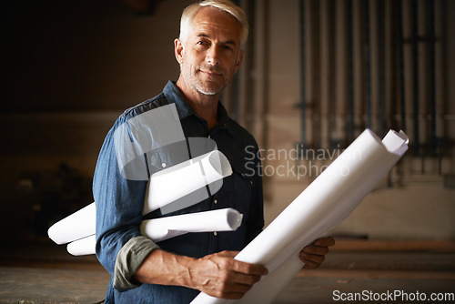 Image of Mature architect, blueprint and man in portrait with renovation or remodeling project with floor plan design. Architecture industry, engineer and male professional designer with vision and mission