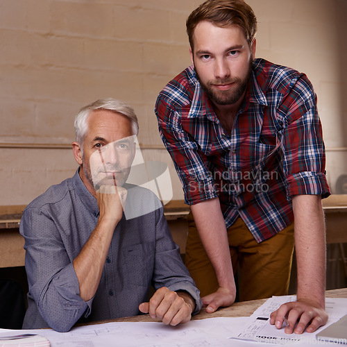 Image of Architecture, teamwork and portrait of men in workshop with blueprint for building construction. Senior engineer, serious father and son working on design, project and plan of apprentice and mentor.