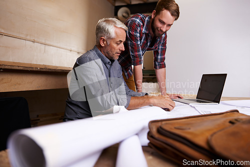 Image of Architects, teamwork and men with blueprint in workshop for building construction. Senior engineer, father and son working on design, project and planning of apprentice and mentor with paperwork.