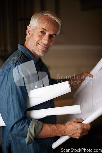 Image of Senior architect, blueprint and man with drawing, renovation or remodeling project and floor plan design. Architecture industry, engineer and male professional designer in portrait with mission