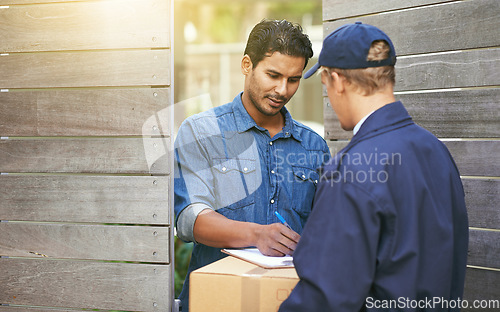 Image of Man, sign paperwork and home for box, ecommerce or delivery with writing, customer experience pr outdoor. Logistics service, e commerce and guy with signature, pen and document for package at house