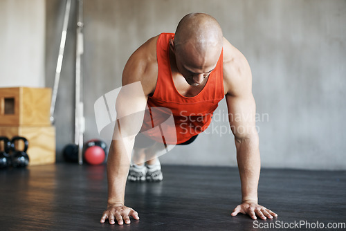 Image of Fitness workout, muscular and strong man doing push up for exercise, health performance or sports training for bodybuilding. Endurance challenge, determination or exercising person doing floor pushup