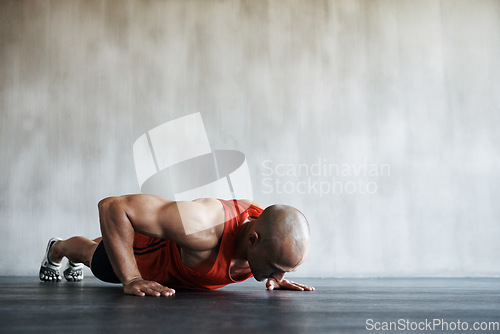 Image of Fitness workout, mock up and man doing push up for exercise, health motivation or sports training for bodybuilding. Endurance challenge, gym commitment or exercising person doing floor pushup