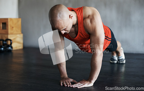 Image of Strong, muscle and man doing strength push up for fitness lifestyle, determination or body fitness commitment. Diamond pushup, power challenge or active person workout, bodybuilding or floor exercise